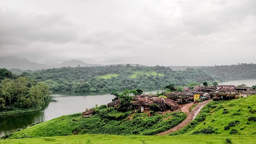 poble, Índia, llac, Maharashtra, naturalesa, paisatge