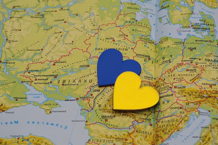 cœurs, carte, nation, pays, Ukraine, solidarité, ensemble, la compassion, Coeur pour l'Ukraine, amour, arrière-plans