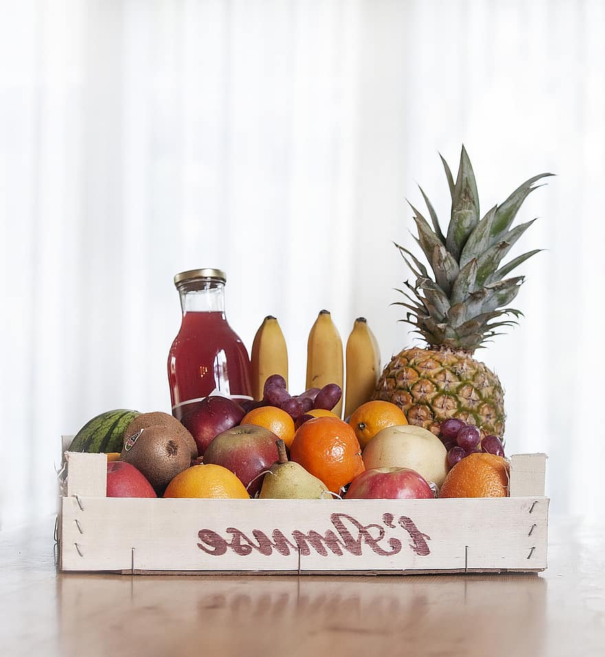 gyümölcs, doboz, kosár, alma, ananász, banán, mandarin, gyümölcskosár, élelmiszer, egészséges, vitaminok