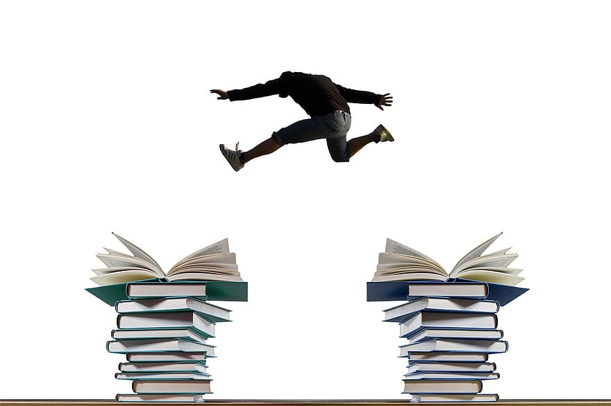 boeken, springen, hoog, leren, jongen, silhouet, studenten, student, opleiding, kennis, vaardigheden