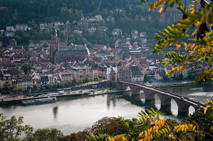 townscape, peisaj urban, oraș, centrul orasului, clădiri, pod, râu, Râul Neckar, Heidelberg