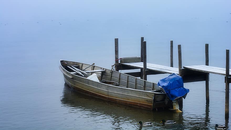 barcă, ceaţă, dig, lac, barcă cu vâsle, powerboat, barca de lucru, apă, cețos, dimineaţă