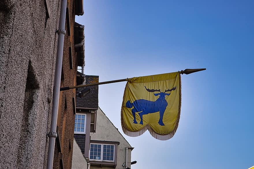 bandera, emblema, edifici antic, carrer, Escòcia, heràldica, insígnia
