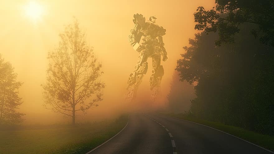 robot, fák, erdő, scifi, jövő, technológia, futurisztikus, gép, óriás, óriási, kolosszus