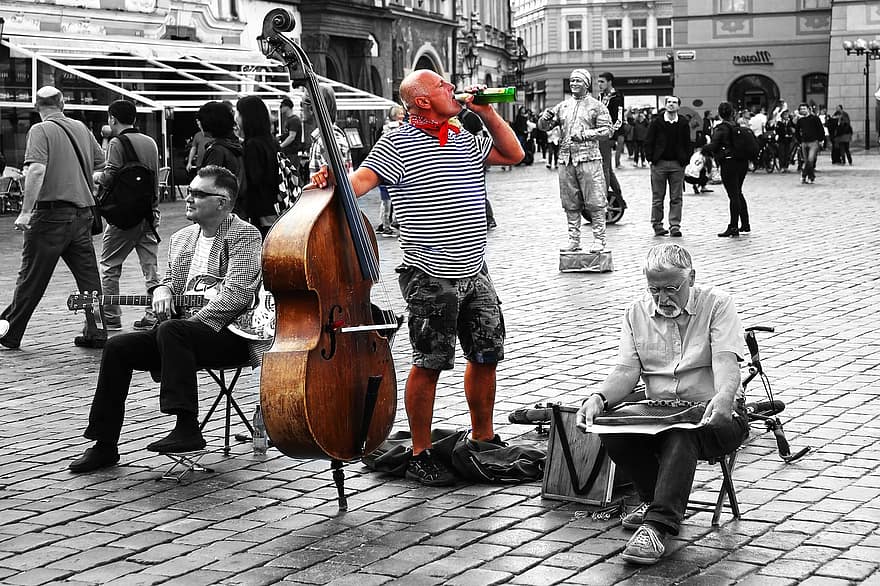 hudebník, ulice, hudba, pivo, báze, náměstí