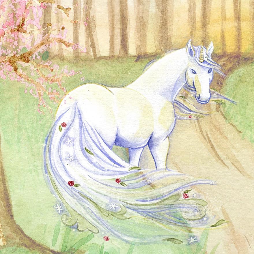 unicorn, fantasia, escena, romàntic, blanc, cavall, bosc, naturalesa, primavera, paisatge, a l'aire lliure