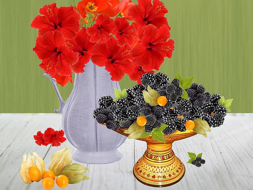 Fruit, Blackberries, Berries, Health, Food, Costs, Ground Cherry, Vase, Pitcher, Flowers, Hibiscus