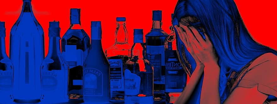 nő, kétségbeesés, alkohol, üveg, ital, bor, bár, palackok, számláló, alkohol függő, függőség