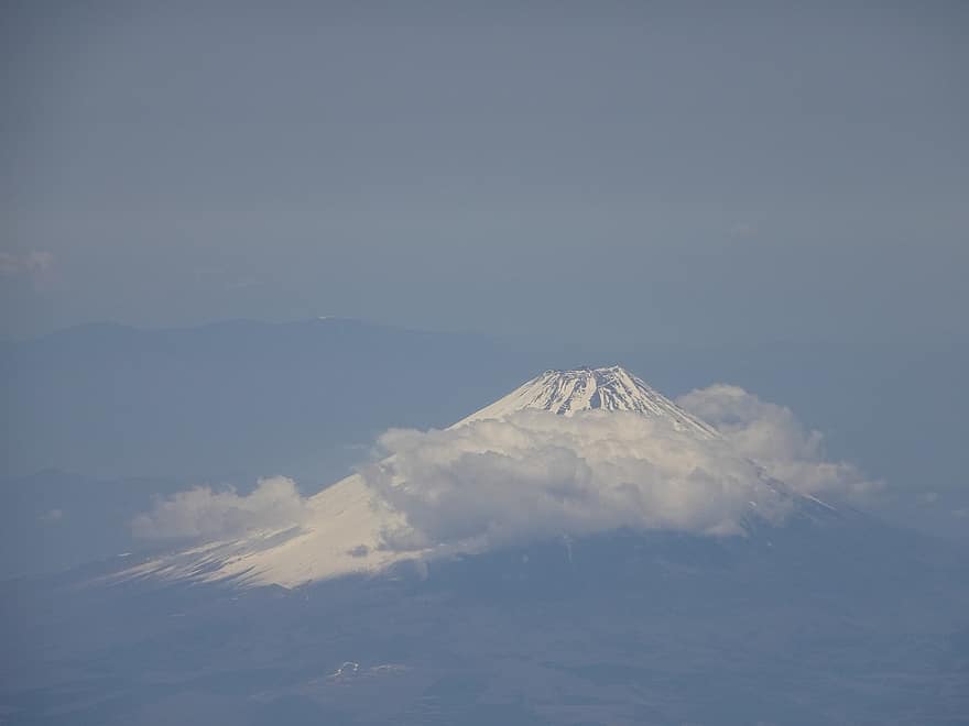 日本、富士山、空、雲、山、風景、雪、山頂、青、冬、旅行