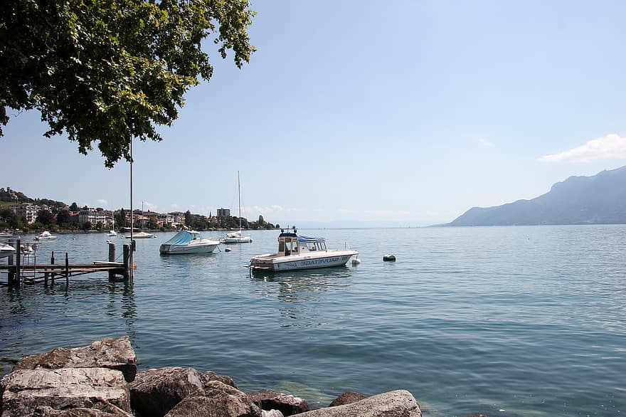 tó, csónak, móló, hegyek, Genfi-tó, Genfersee, lac léman, Lac De Geneve, Schweiz, svájc, panoráma