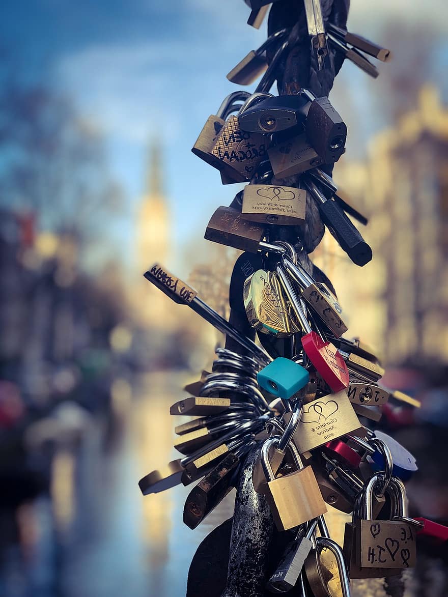 Амстердам, Холандия, брави, обичам, романтика, романтичен, катинар, известното място, култури, ключалка, символ