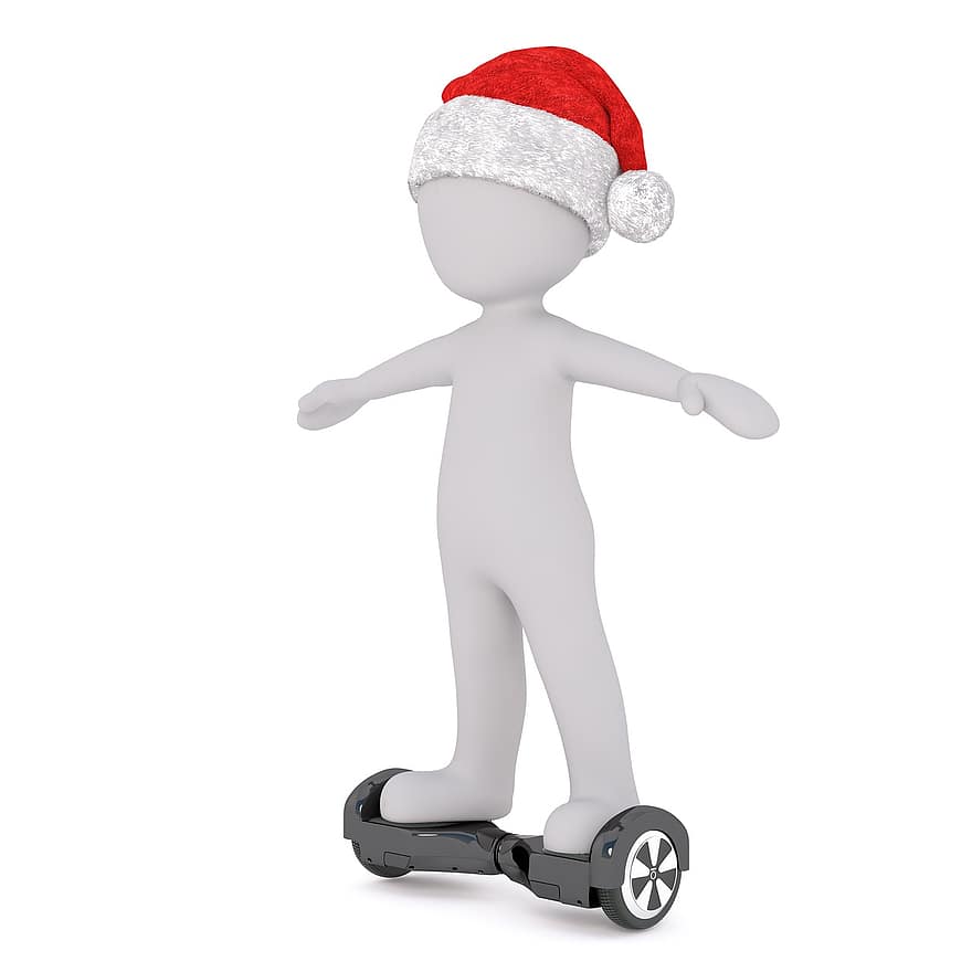 bílý samec, 3D model, izolovaný, 3d, Modelka, plné tělo, bílý, klobouk santa, Vánoce, 3D klobouk santa, Elektrokoloběžka