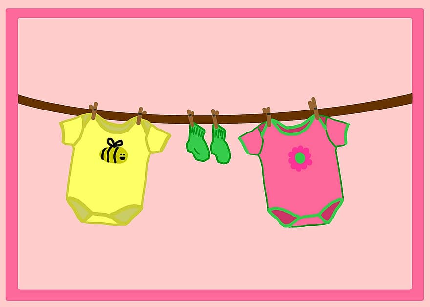 pinkki, keltainen, tytöt, vaatteet, linja, kaksoset, vauva, suihku, kortti-, kutsu, leikekirja