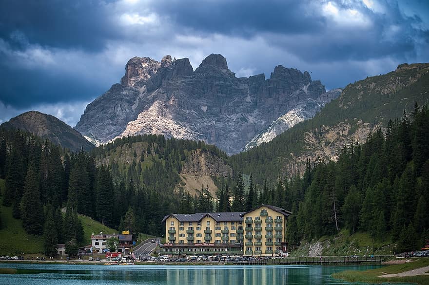 Mountains, Trees, Forest, Building, Resort, Hotel, Lake Misurina, Italy, Water, Tourism, Relaxation