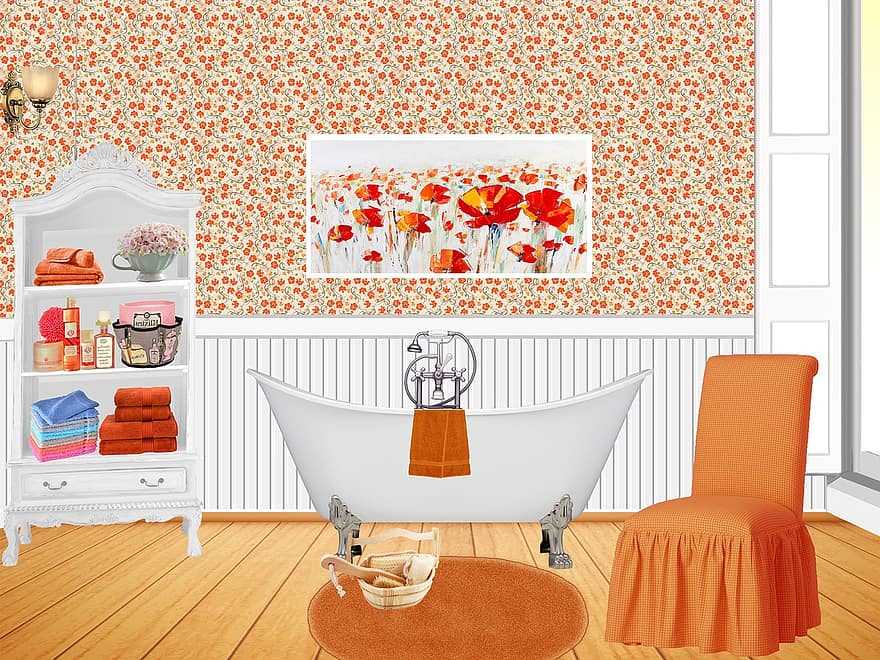 Vintage, Bathroom, Victorian, Orange, Retro, Bath, Armchair, Flowers, Poppies, Cabinet