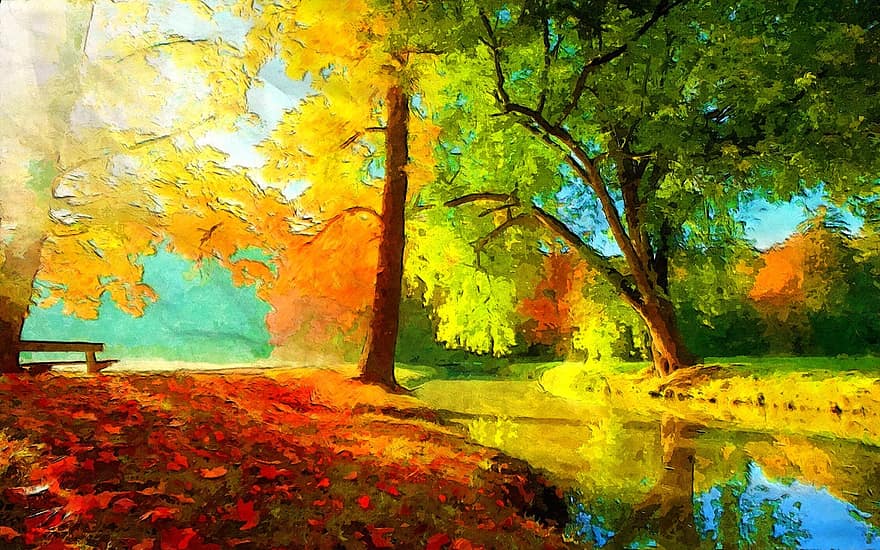 procházka v parku, voda, strom, Příroda, lavice, podzim, světlo, listy, barva, venkovní, park
