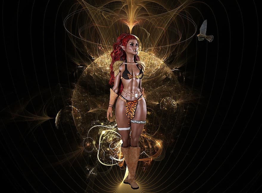 Background, Design, Digital, Warrior, Bird, Fantasy, Female, Character, Digital Art