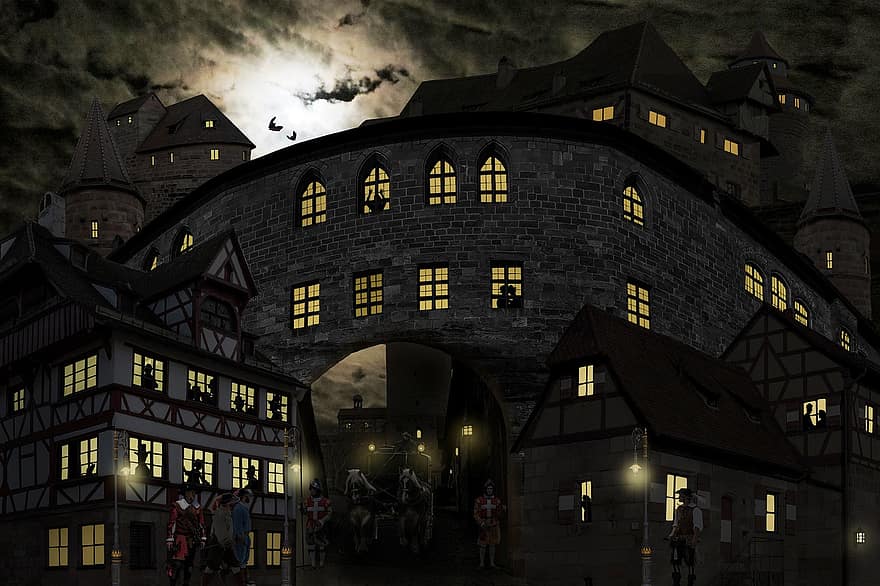 edat mitjana, castell, el castell del cavaller, Nuremberg, entrenador, soldat, landsknecht, mercenari, humà, nit, llum de la lluna