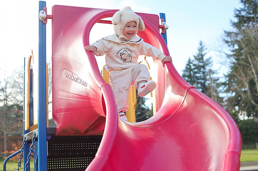 Slide, Baby, Girl, Playing, Child, Kid, Little Girl, Happy, Playground, Bunny Outfit, Fun