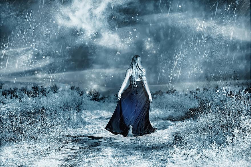 zimowy, kobieta, magia, deszcz, niebieski deszcz
