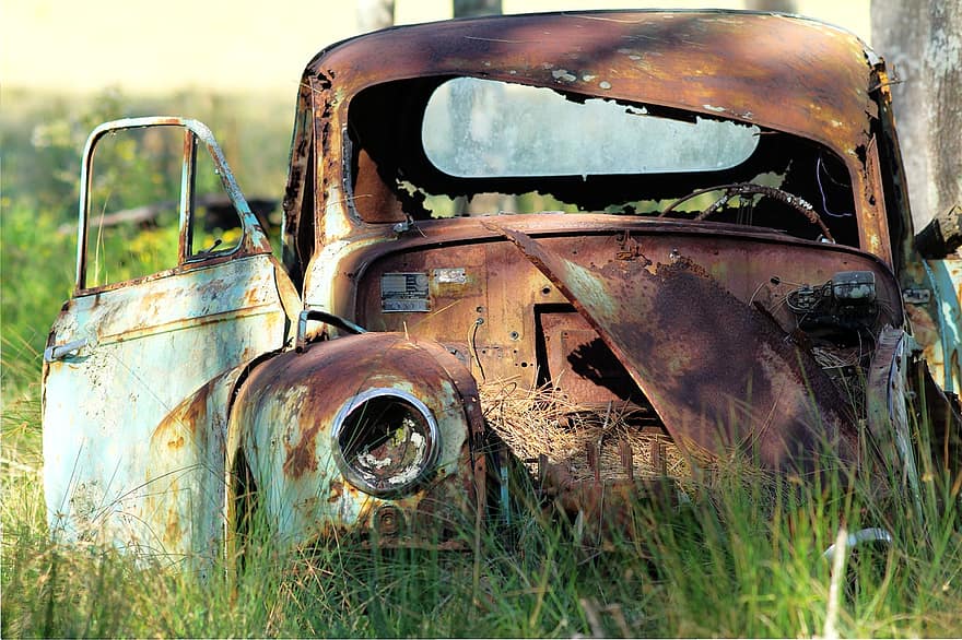 coche, vehículo, oxidado, vendimia, antiguo