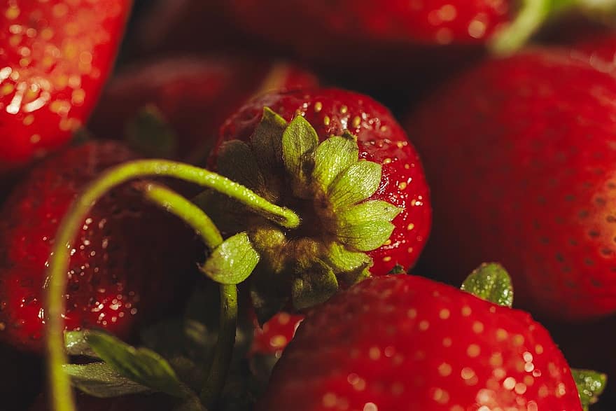 jordbær, frugt, sød, friskhed, tæt på, mad, moden, bærfrugt, natur, blad, sund kost