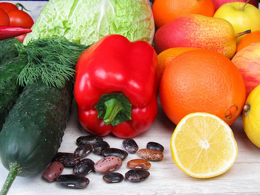 ผัก, ผลไม้, ไม้เช่นมะนาว, ถั่ว, วิตามิน, สด, แข็งแรง, อาหาร, ส่วนผสม, ความสด, รับประทานอาหารเพื่อสุขภาพ
