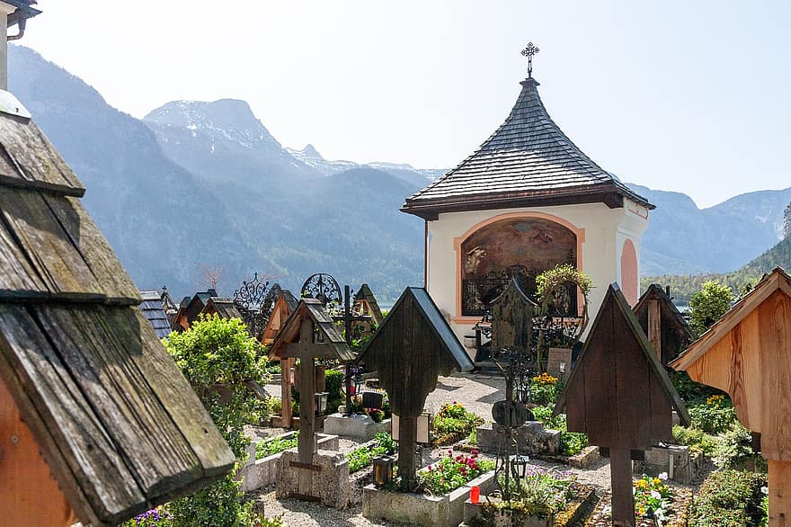кула, църква, гробище, планина, Халщат, Австрия, турист, пътуване, дестинация, наследство, пейзаж