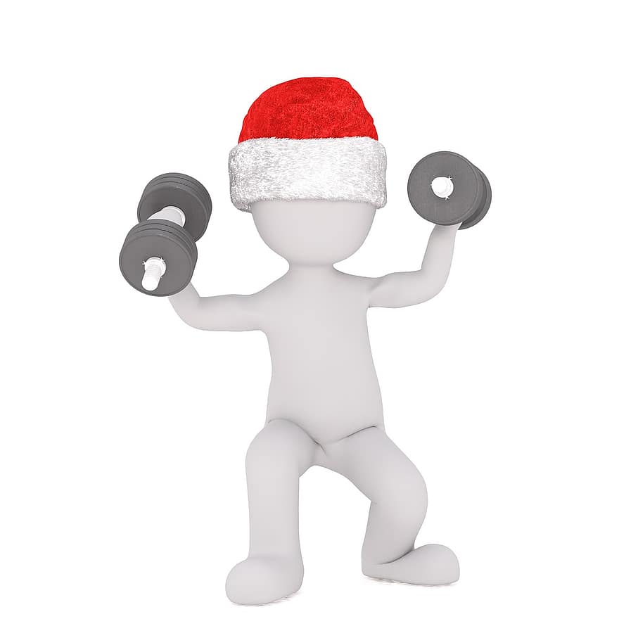 beyaz erkek, 3 boyutlu model, tüm vücut, 3 boyutlu, beyaz, yalıtılmış, Noel, Noel Baba şapkası, vücut geliştirme, vücut oluşturucu, ağırlıklar