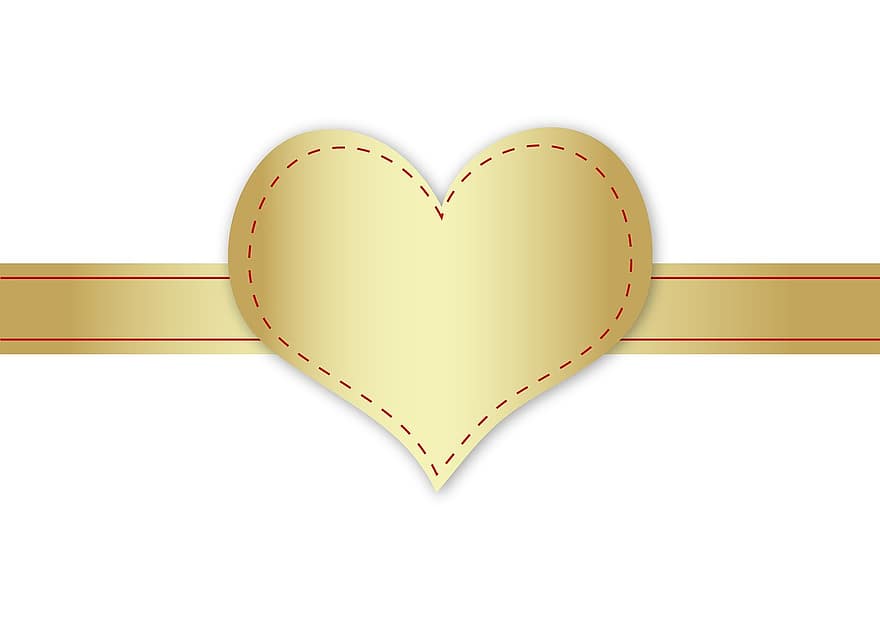 hjärta, guld-, band, gyllene, kärlek, design, symbol, valentine, dag, skinande, form