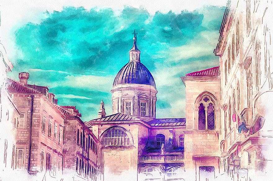 Old City, Tourism, Travel, Drawing, Painting, Digital Painting, Sky, Cathedral, Church, Building, City