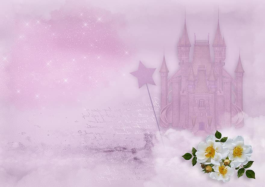 bajkowy zamek, różdżka, czcionka, róże, chmury, brokat, gwiazda, różowy, zamek, Feenstab, biały