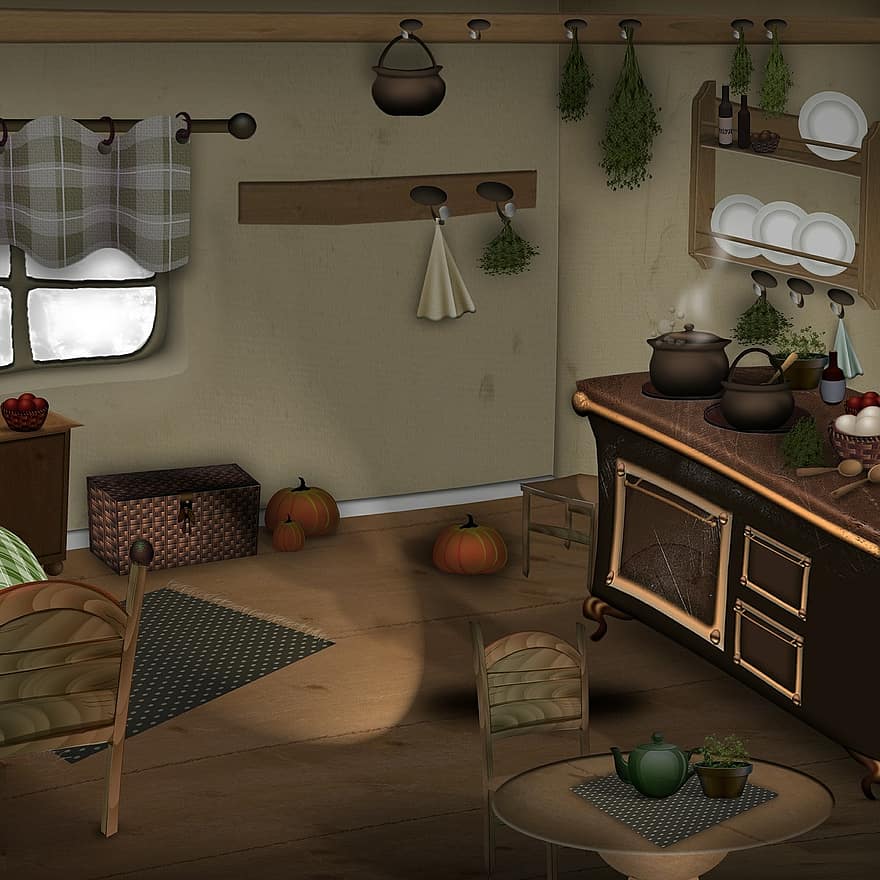 Kitchen, Cook, Stove, Wooden Spoon, Forest, Mushroom House, History, Males, Dwarf, Herbs, Cottage