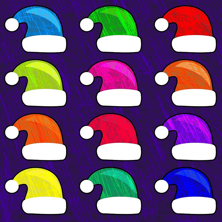 サンタの帽子、サンタクロース、休日、行事、クリスマス、お祝いの、祝う、カラフル、バックグラウンド、帽子、冬