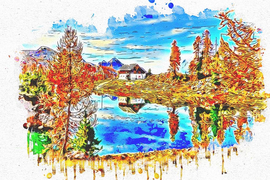 λίμνη, ξύλινο σπιτάκι, βουνό, τέχνη, ακουαρέλα