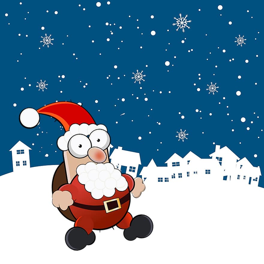 Père Noël, Noël, nuit, étoiles, neige, ville, vacances, fête, hiver, carte, décoration