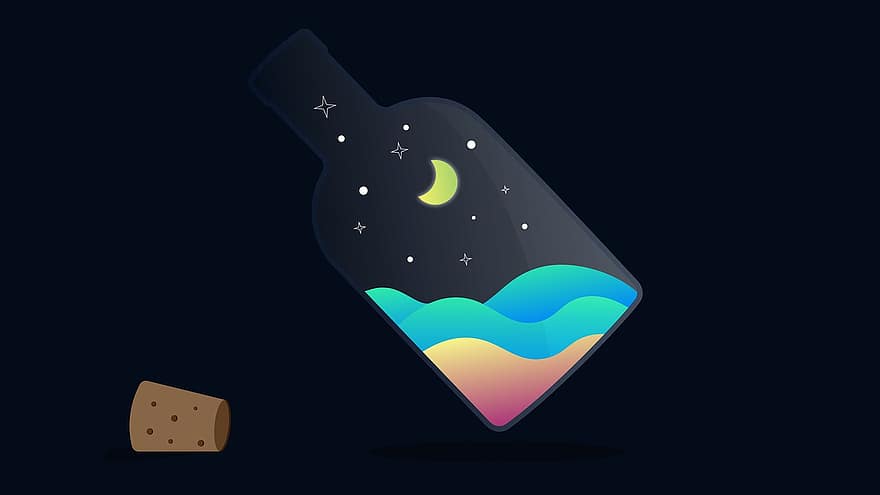 Luna, estrellas, botella de vidrio, espacio, noche, cielo, brillante, diseño, papel pintado, botella, corcho