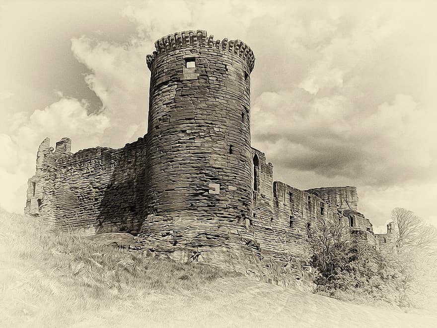 castel, cer, munţi, vechi, peisaj, clădire, turn, medieval, ruine, deal, Scoţia