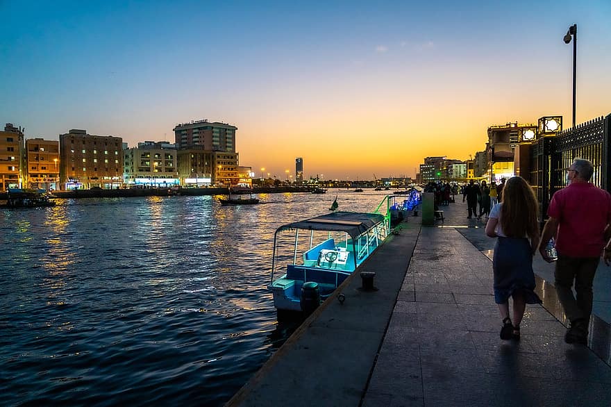 upė, valtys, saulėlydis, pastatai, miestas, miesto, promenada, žmonių, vaikščioti, upelis, Dubajus