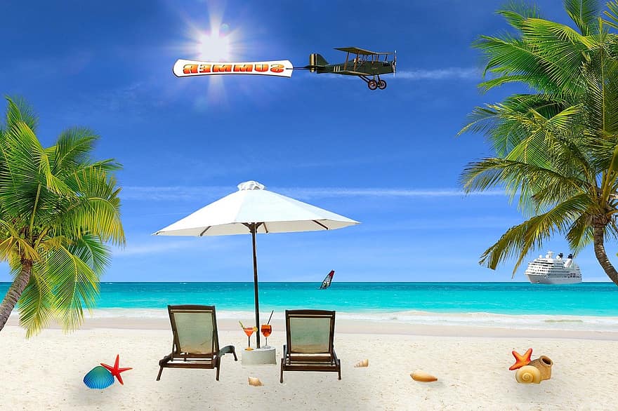 Strand, ferie, sommer, hav, reise, cruise skip, dekksstol, parasoll, avslapning, surfing, palmer