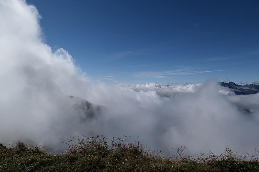 montañas, nubes, niebla, Alpes, Nubes crecientes