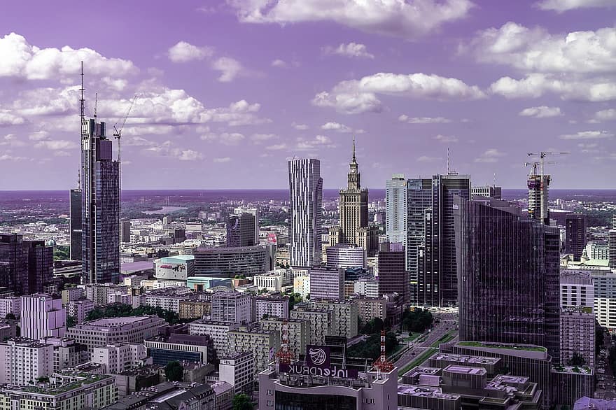 Варшава, градски пейзаж, небостъргачи, Полша, архитектура, град, сгради, силует, градски