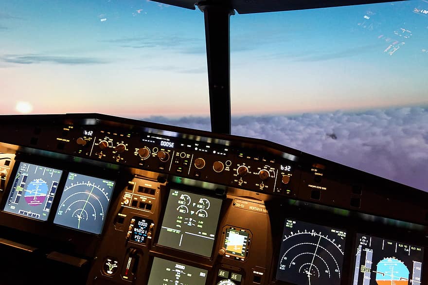 cabina, avió de línia, Airbus, a320, simulador, pilotatge, avió, viatjar, transport