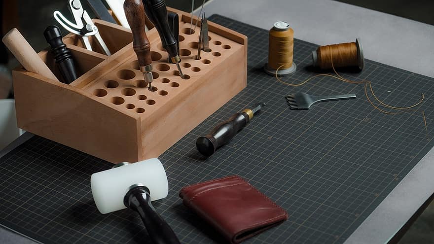 leathercraft, strumenti per la lavorazione della pelle, fabbricazione della pelle, portafoglio, pelle, utensili, attrezzatura, mestiere, fatto a mano