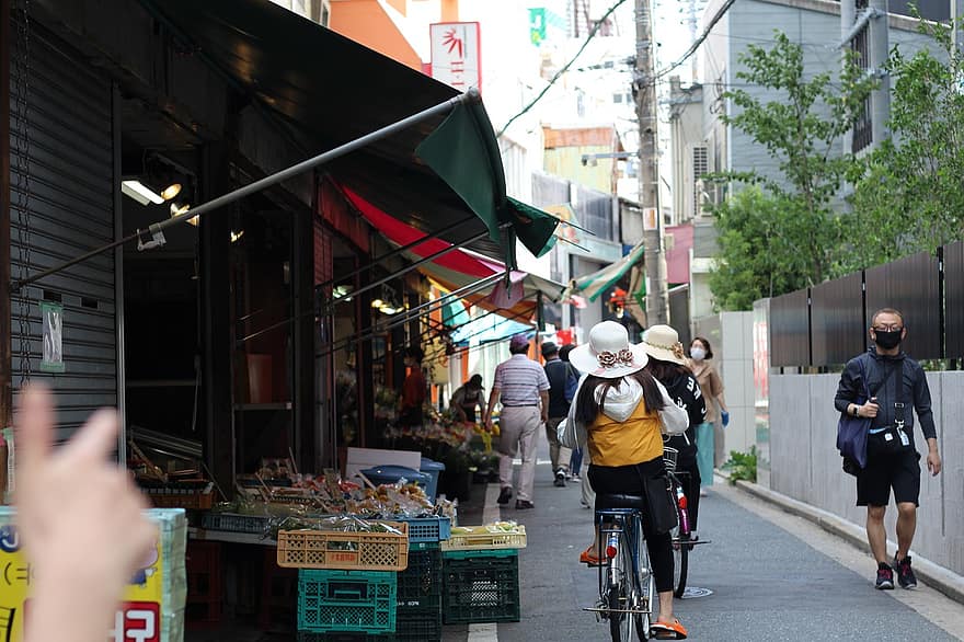jalan perbelanjaan, Nishijin, Jepang, Shotengai, penjual sayur, fukuoka, pasar, jalan, toko, orang-orang, kota