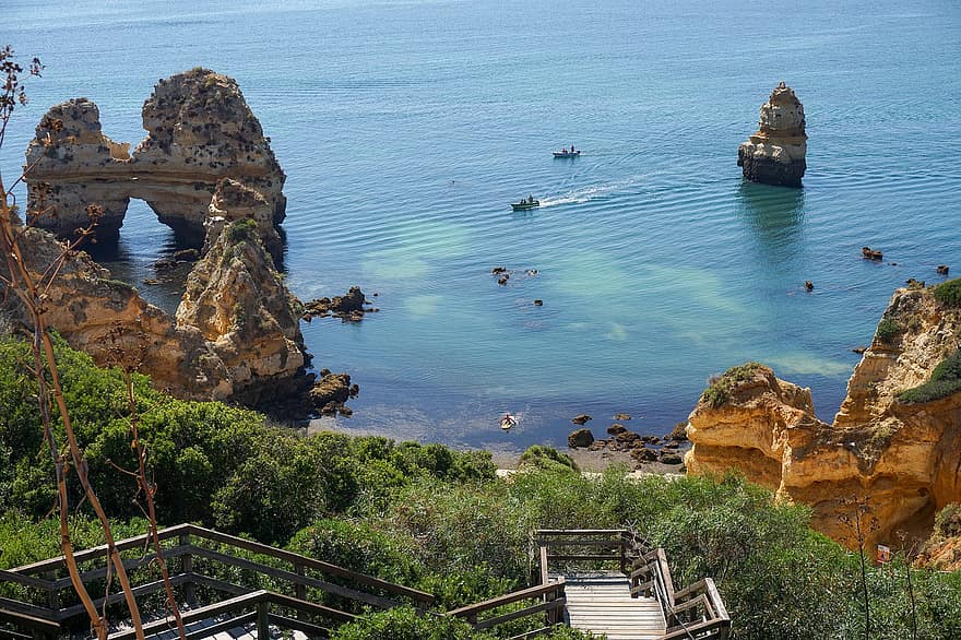 óceán, sziklák, Praia, Algarve, idegenforgalom, lépcsők, lépések, pálya, tengerpart, strand, tenger