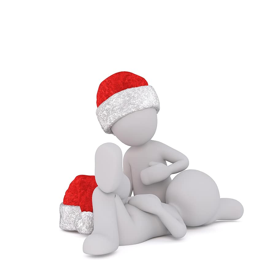 fehér férfi, 3D-s modell, izolált, 3d, modell, teljes test, fehér, santa kalap, Karácsony, 3d santa kalap, pár