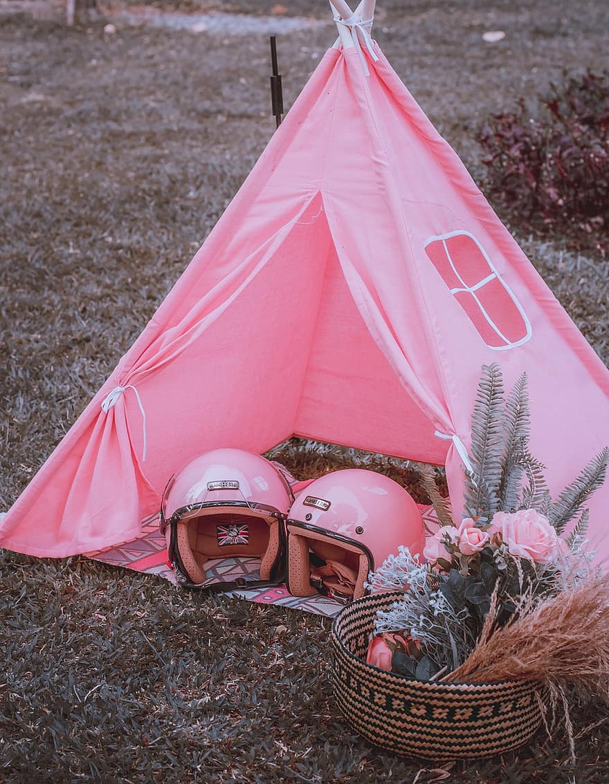 telt, hjelmer, blomster, kurv, rosa, pastell, utendørs, moro