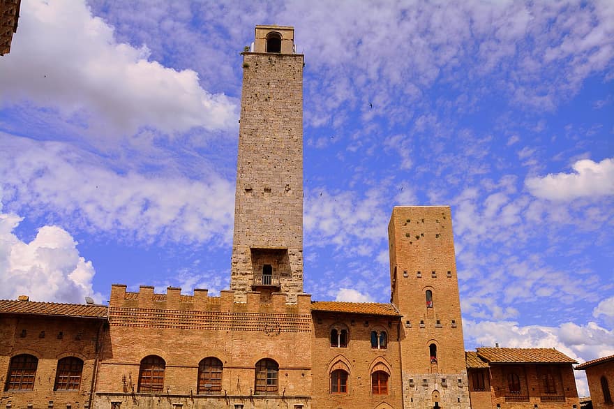 palazzo, cielo, nubes, antiguo, torre, altura, grandeza, majestuoso, arquitectura, construcción, San Gimignano