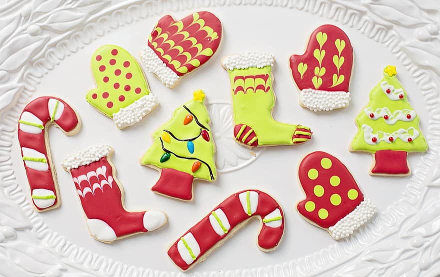 クッキー、お菓子、御馳走、クリスマスのクッキー、クリスマスツリー、デザート、休日、コピースペース、境界、枠